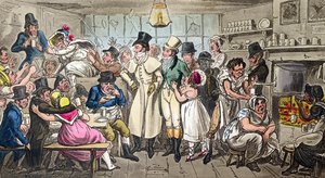 Tom og Jerry på en kaffebar nær Olympic Theatre, Strand, Midnight, offentliggjort i "Life in London", 1820 (akvatint)